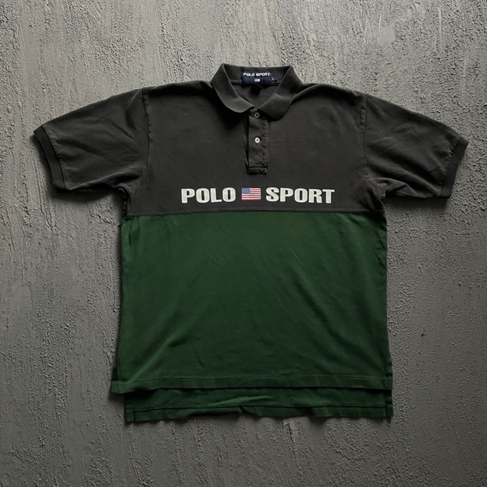 Vintage Polo Sport Polo Shirt Large Green 1990s Colorblock USA Flag